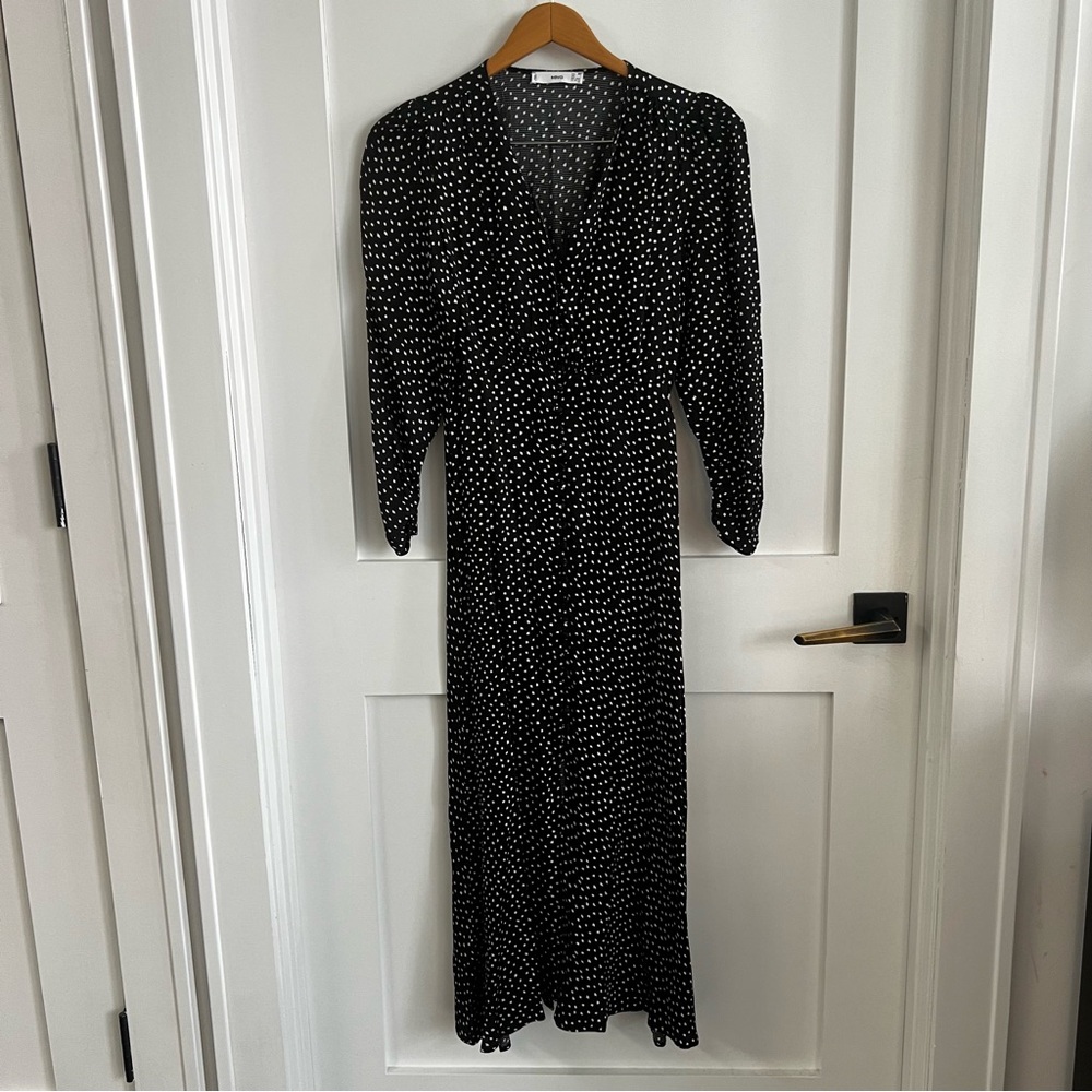 Mango black and white geo print woven button front midi dress